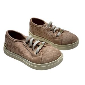 Michael Kors Girls Signature Logo Allover Canvas Sneakers Rose Pink Shoes Size 7